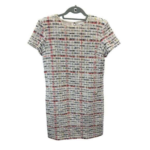 Chanel 18P Grey Tweed Midi Dress FR36 US4 Short Sleeve CC Logo Button Silk - Picture 5 of 16